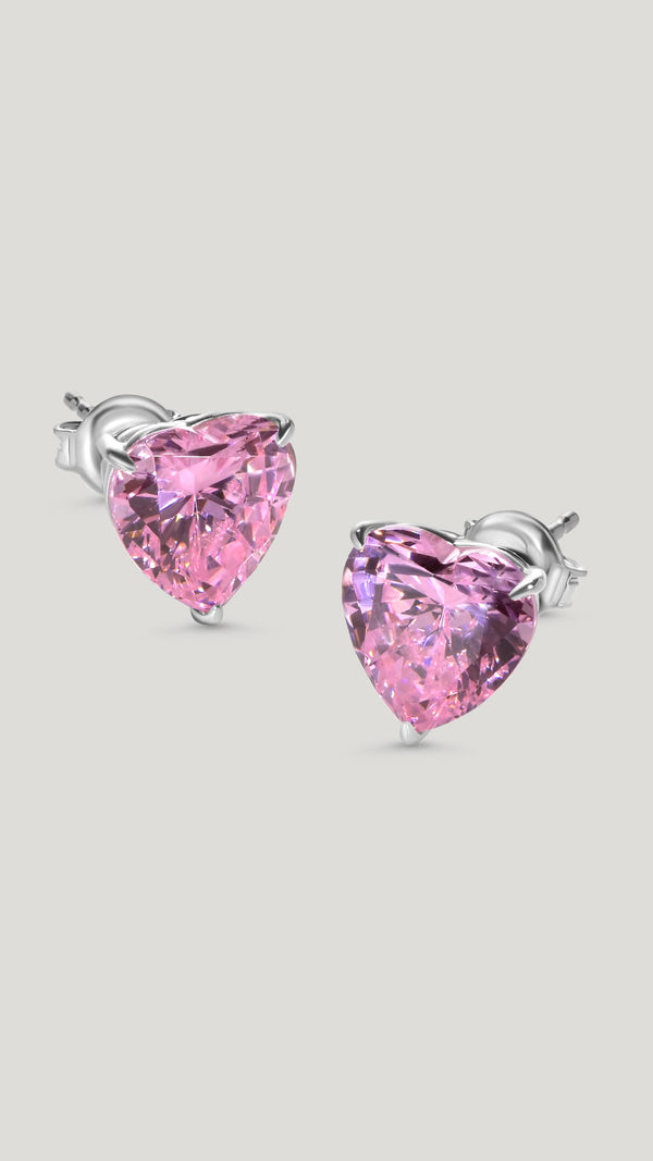 9K White Gold pink heart stud earrings for women