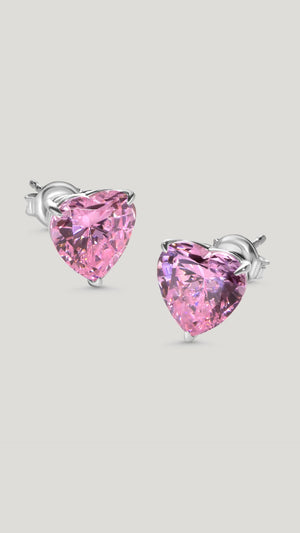 9K White Gold pink heart stud earrings for women