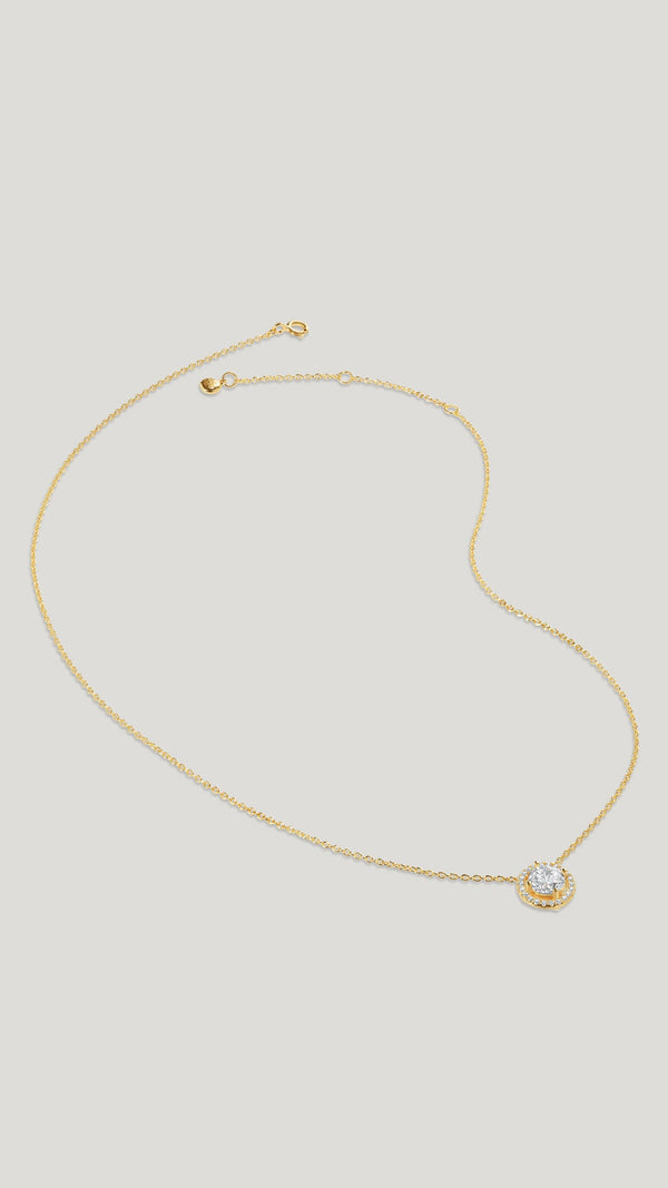 Gwen 18k gold vermeil on sterling silver  Round Brilliant stone necklace in an exquisite halo setting. 