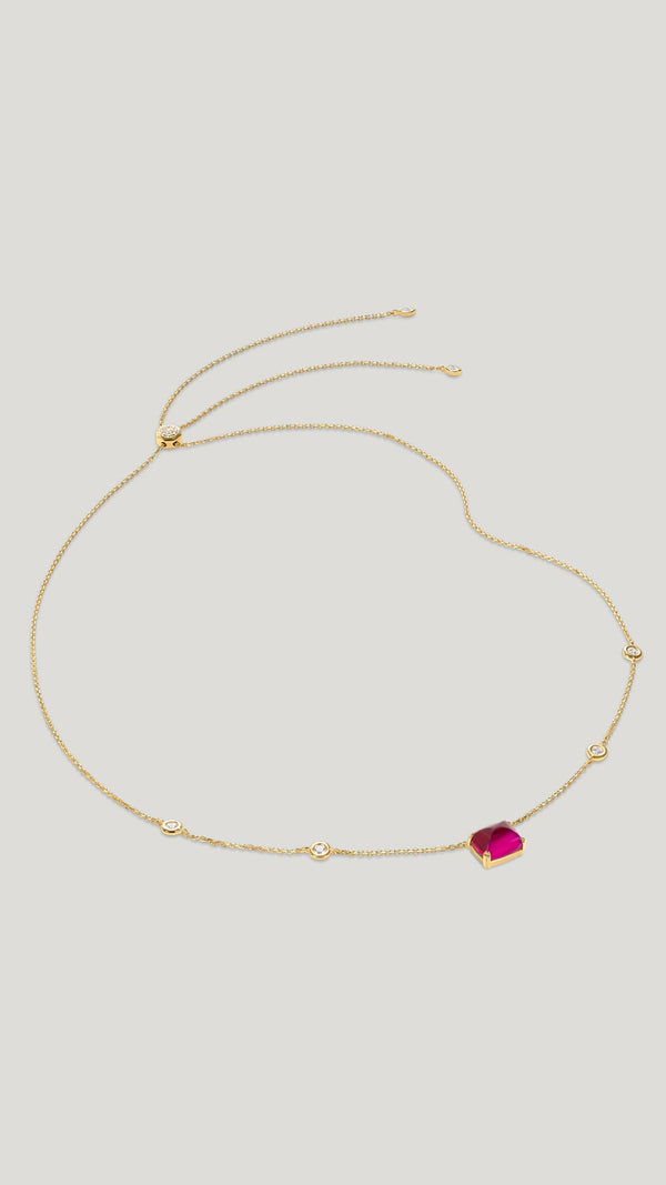 Dark pink recycled gemstone with sugarloaf cut on gold vermeil station necklace for women from the sugardrop collection