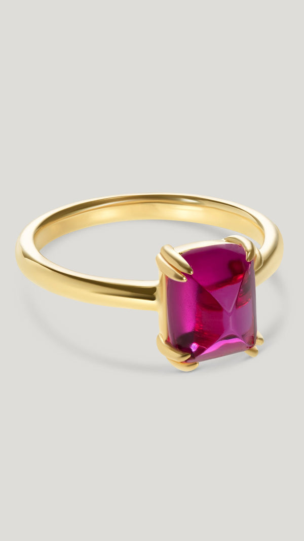 Dark pink recycled  sugarloaf stone on a sterling silver ring with gold vermeil plating. From the sugardrop collection