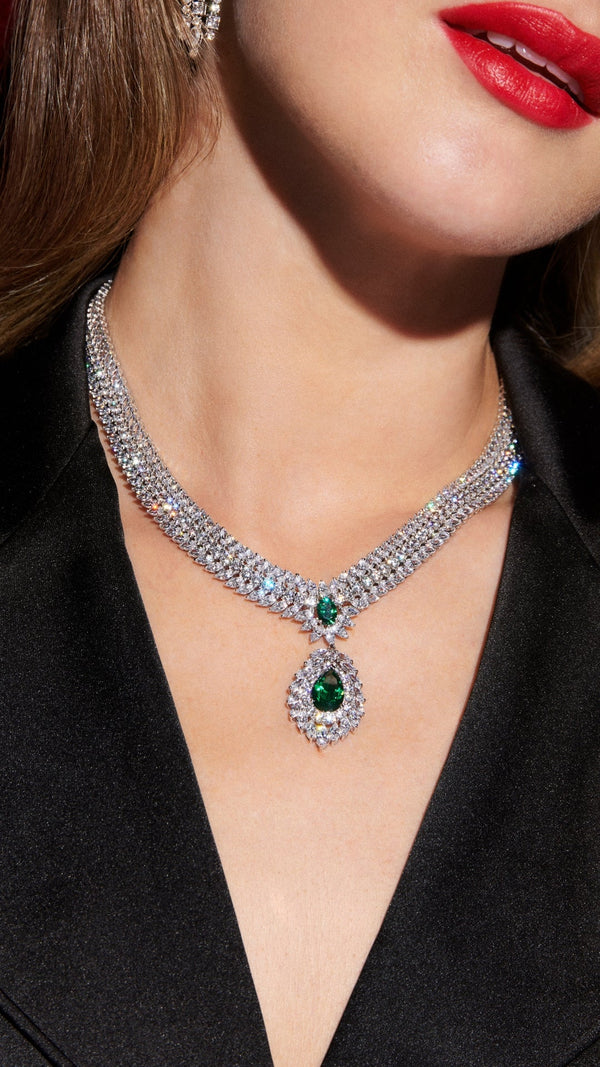 White gold plated and emerald grand cocktail necklace