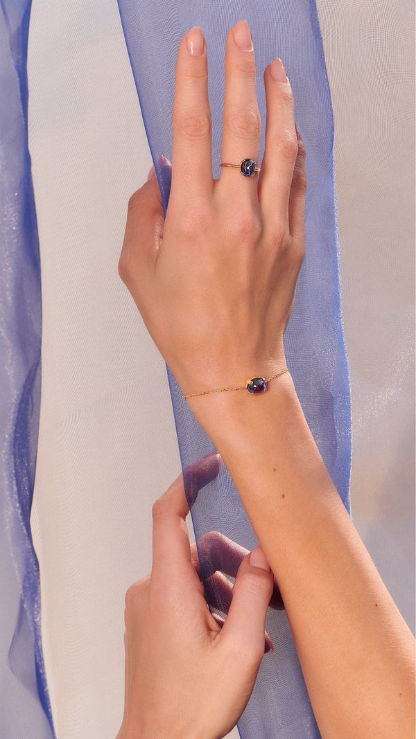 Recycled tanzanite cabochon stone gold vermeil slider bracelet and ring for women from the sugardrop collection