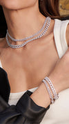 Vida sterling silver pave cuban chains for women. Silver layered chain necklaces with matching stacked bracelets for women.
