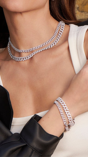Vida sterling silver pave cuban chains for women. Silver layered chain necklaces with matching stacked bracelets for women.